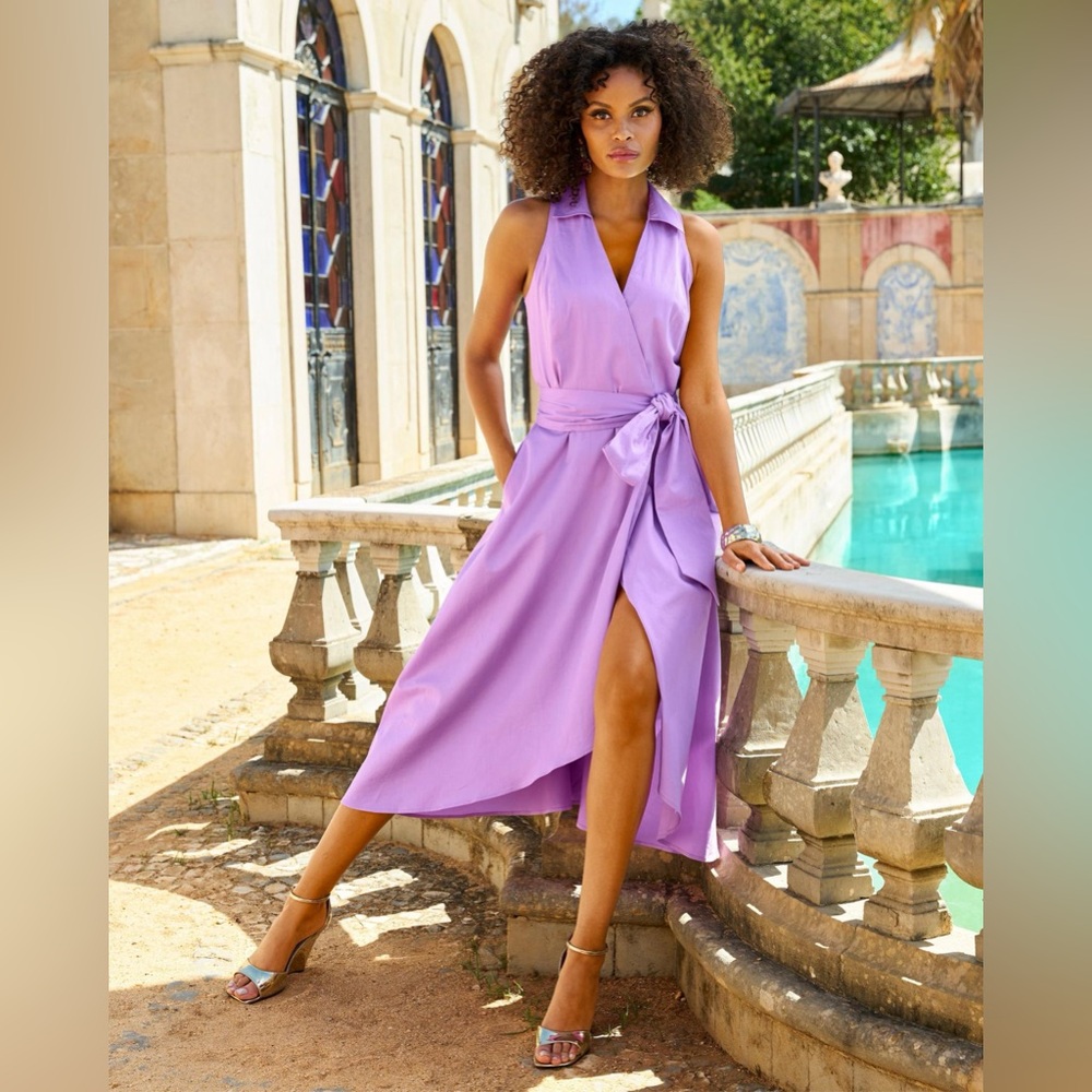 Poplin Fit & Flare Faux Wrap Midi Dress – Size Small